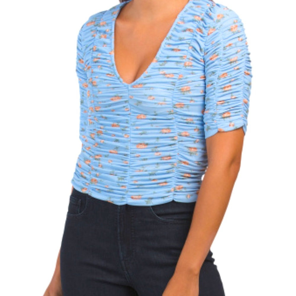 NWT Zara Blue Floral Ruched Top Size Small